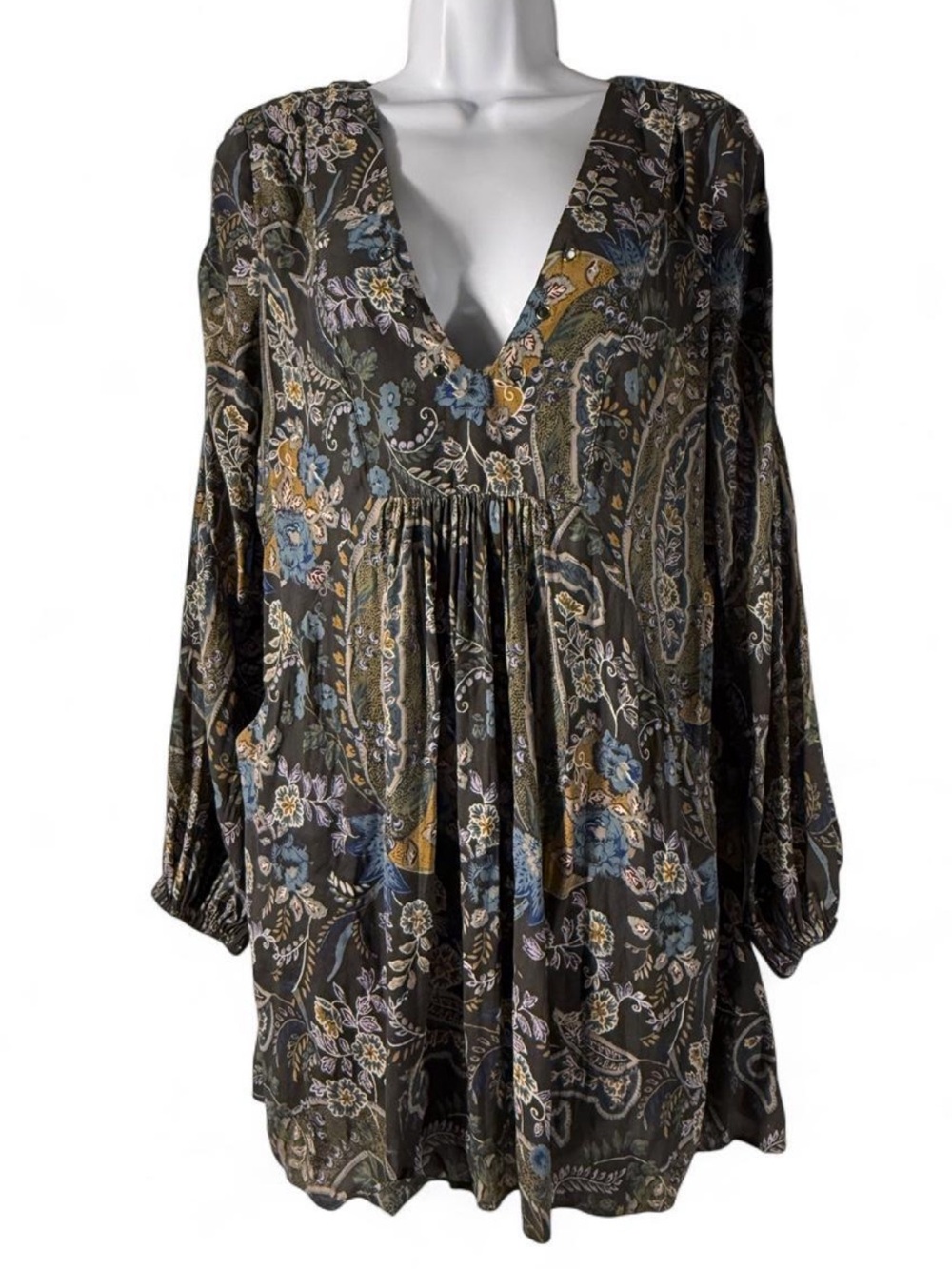Free People Olive Multi Paisley V-Neck Babydoll Tunic